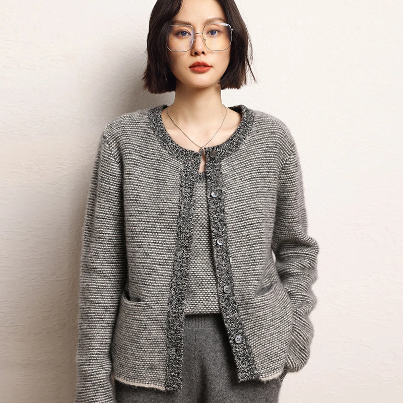 羊范小香风加厚山羊绒开衫女25秋冬新款3针9股立体渐变千层针织衫