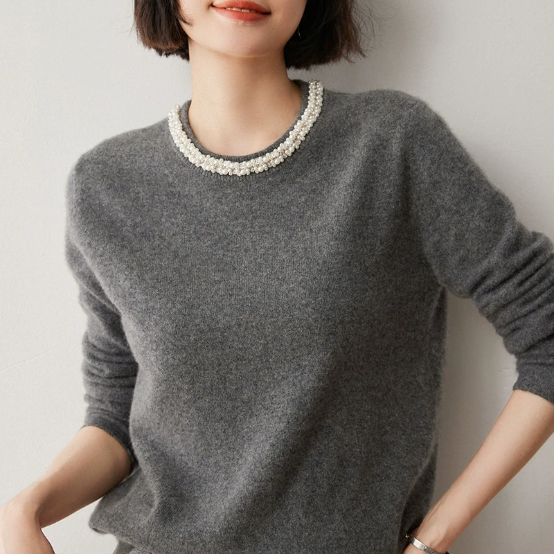 羊范秋冬季圆领山羊绒衫长袖镶钻套头毛衣女士宽松显瘦纯色针织衫
