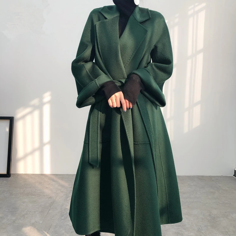 羊范传世之作定染祖母绿色水波纹双面羊毛大衣女毛呢外套中长款