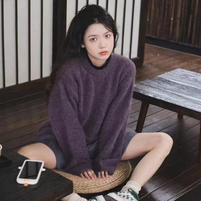 羊范软糯慵懒风桑葚紫毛衣女圆领加厚套头针织衫复古高级长袖打底