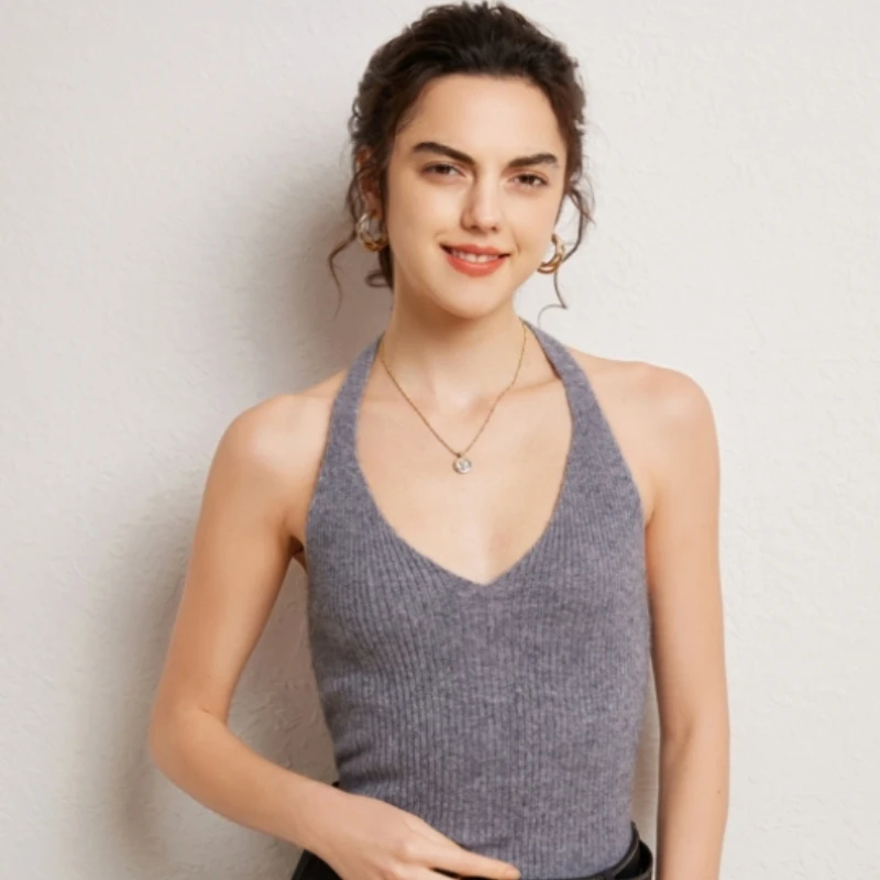 羊范山羊绒吊带背心女法式大V领复古风美背挂脖无袖针织打底外穿