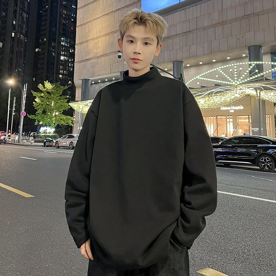 加绒德绒打底衫男款秋冬季半高领长袖t恤保暖卫衣新款内搭上衣服