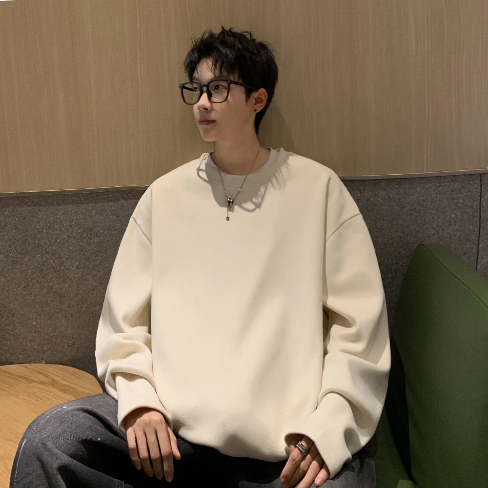 美拉德绒圆领打底衫男士潮牌2025秋冬季加绒双面保暖长袖t恤卫衣