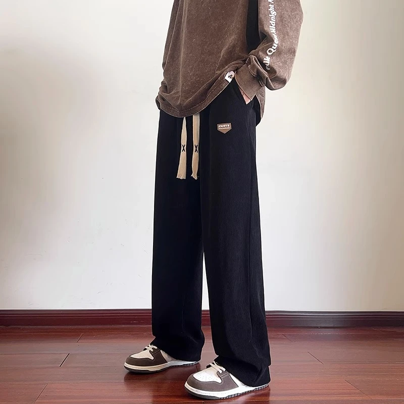 雪尼尔裤子男春秋季直筒宽松休闲裤运动长裤青少年美式高街痞帅