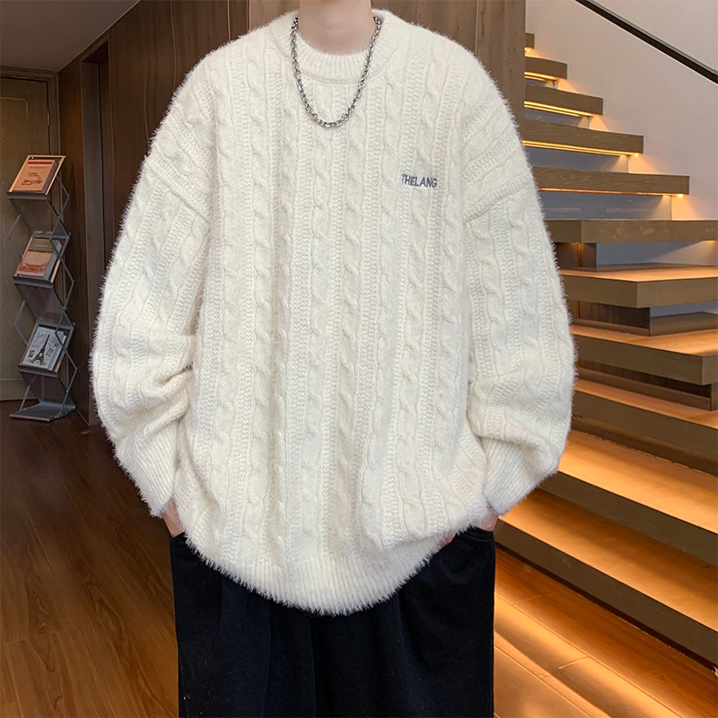 潮牌圆领毛衣男秋冬季慵懒风宽松青少年高级感加厚针织衫2024新款