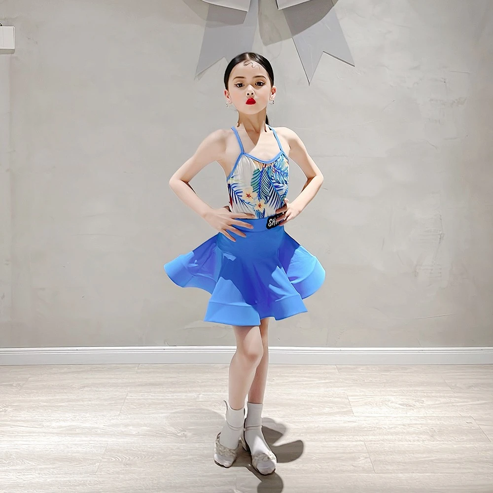 尚裁艺少儿拉丁舞服女童蓝色吊带海南度假专业风鱼骨大摆裙22031