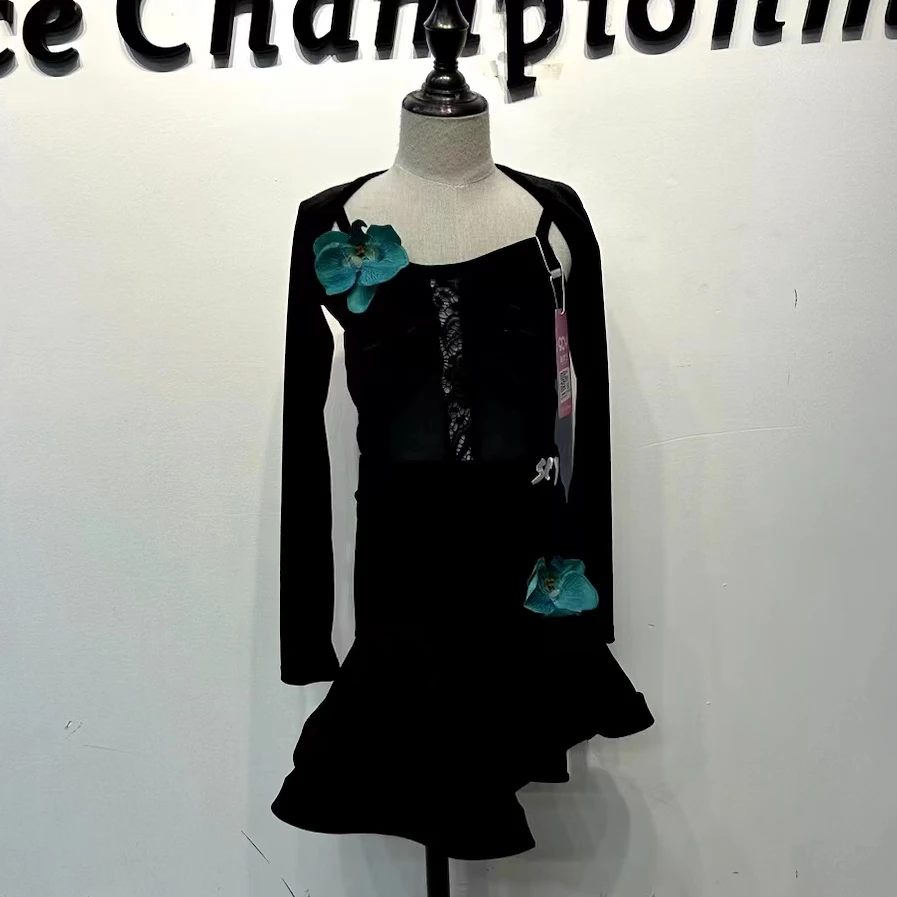 尚裁艺女童拉丁舞服少儿2024秋冬款丝绒吊带专业黑色训练功服3914