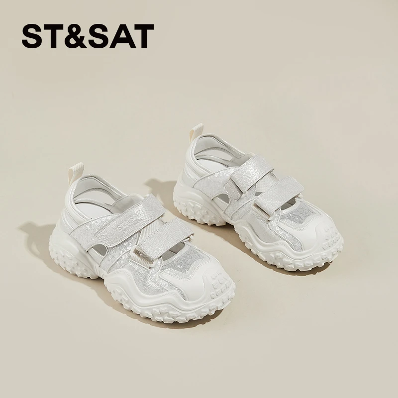 星期六女鞋厚底玛丽珍凉鞋2025秋季米白镂空魔术贴透气运动潮鞋子