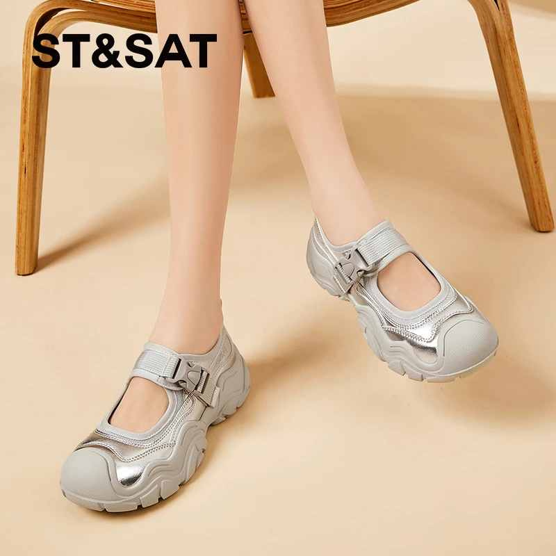 星期六女鞋银色玛丽珍凉鞋2025秋季新款丑萌卡扣大头鞋休闲运动鞋