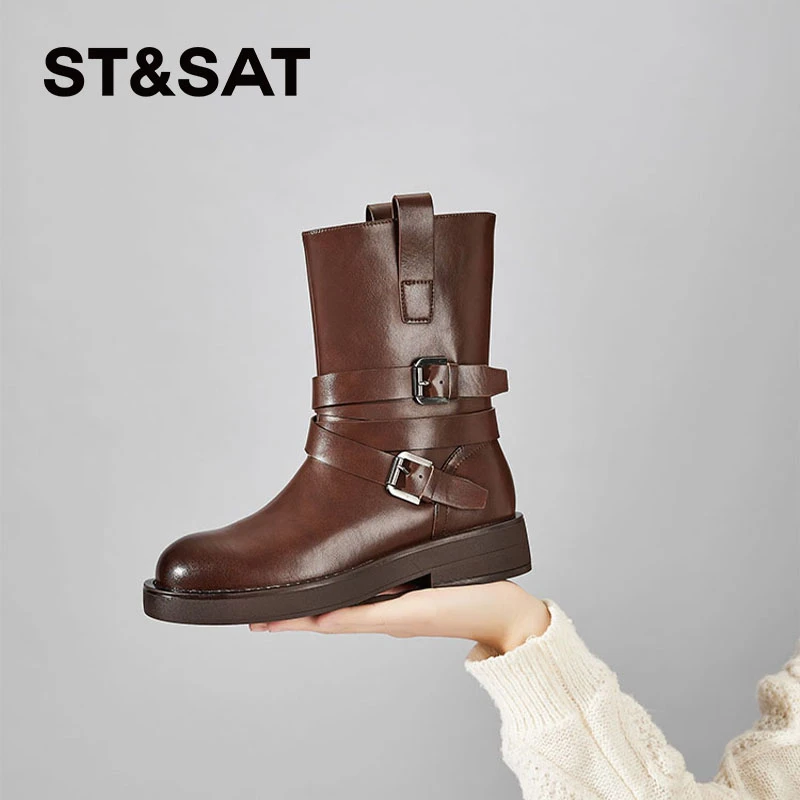 星期六真皮圆头骑士靴女2025秋季雅丹风潮流时尚中筒靴复古马丁靴