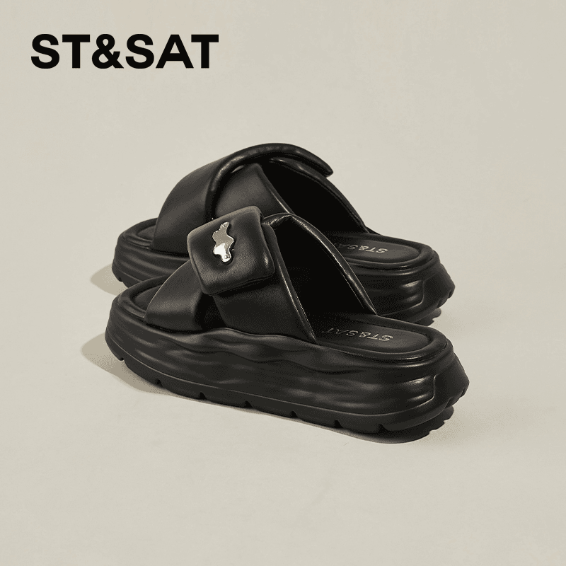 星期六女鞋厚底一字拖鞋2024夏季两穿软底松糕露趾防滑透气凉拖鞋