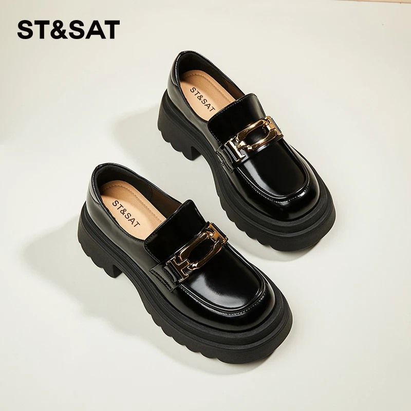 星期六女鞋厚底粗跟乐福鞋2025秋季韩版一脚蹬圆头软底松糕小皮鞋