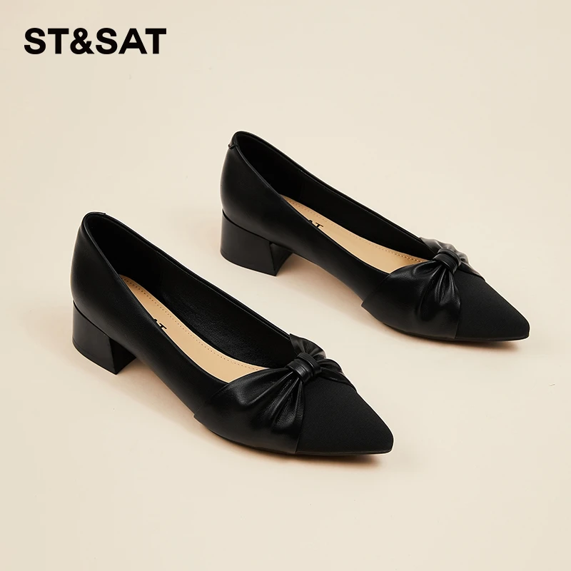 星期六女鞋粗跟小皮鞋女低跟尖头单鞋2024秋季真皮小香风浅口鞋子