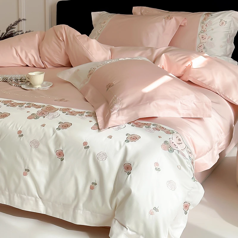 喜兹 玫瑰物语 新疆阿克苏长绒棉四件套 纯棉高密刺绣+拼接设计