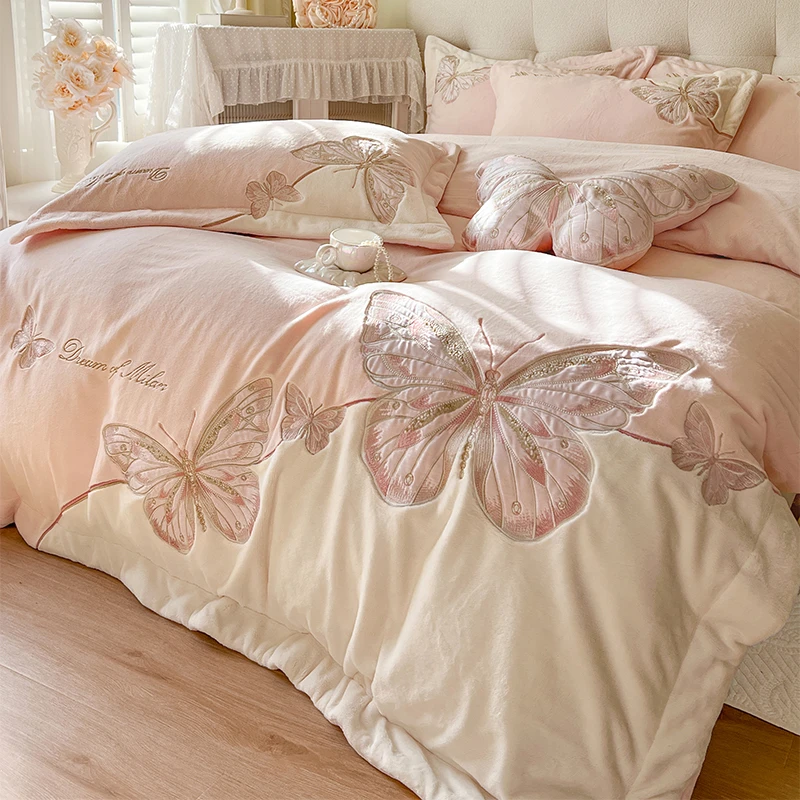 喜兹 缤纷蝶舞 公主绒四件套牛奶绒升级 不掉毛静电冬季加厚保暖