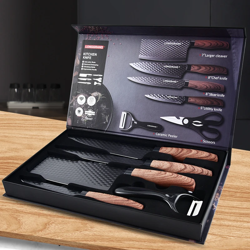 【出口原单】厨房刀具套装双层不粘涂层菱形纹锋利菜刀六件套礼品装