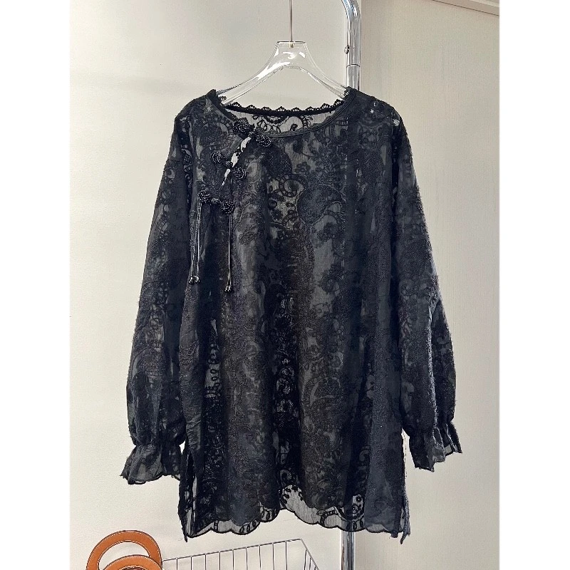 2024春新款新中式复古百搭宽松盘扣设计感纯色天丝刺绣衬衫上衣女