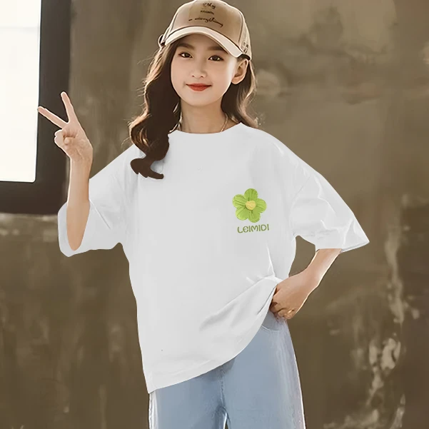 韩系100%纯棉2024男女孩童春夏季新款宽松韩版可爱卡通印花短袖款