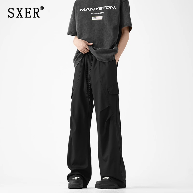 SXER 夏季2024新款男生休闲直筒防水工装冲锋工裤男士黑色长裤子