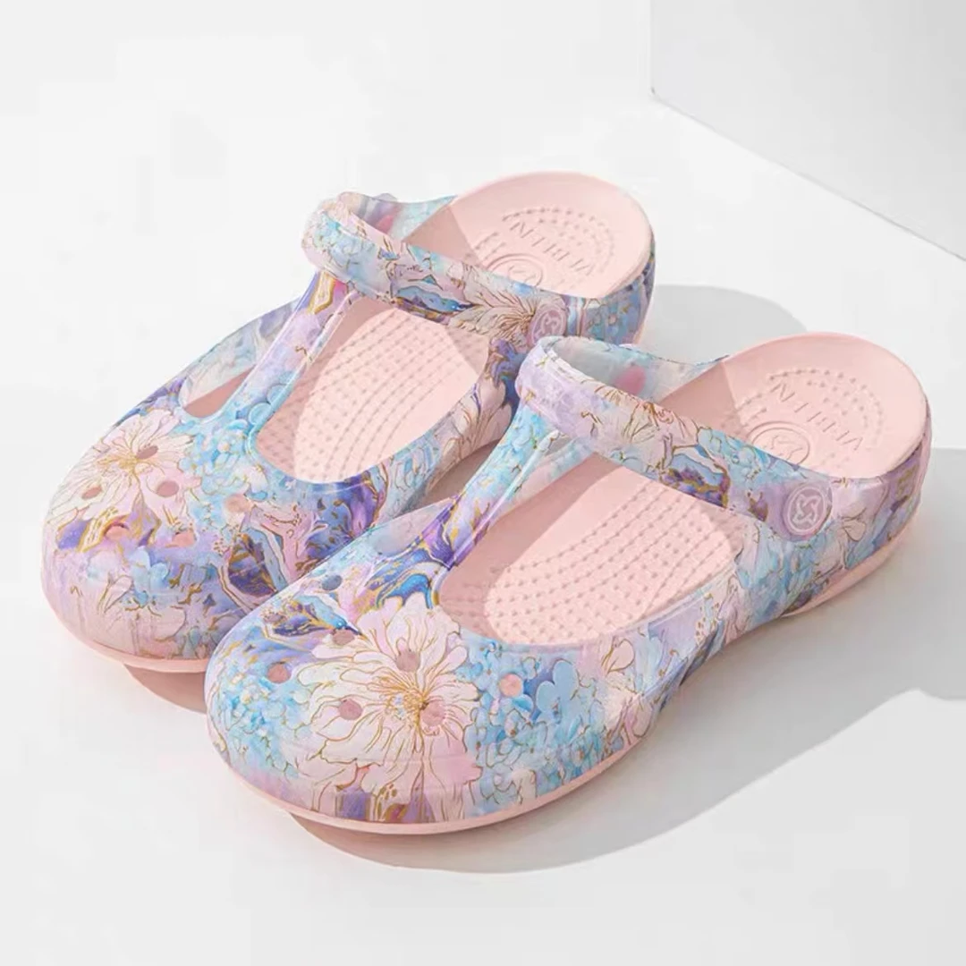 新中式玛丽珍夏日国风洞洞鞋增高防滑户外两用女士印花新款凉拖鞋