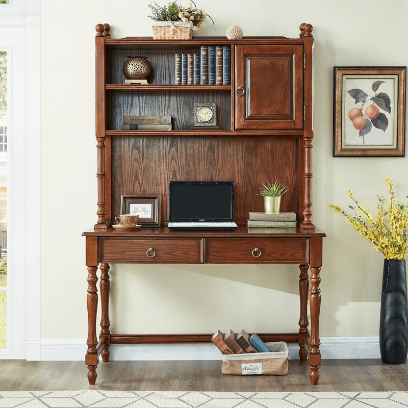 美式书桌书架组合书桌柜一体桌卧室简约学生写字台家用实木电脑桌