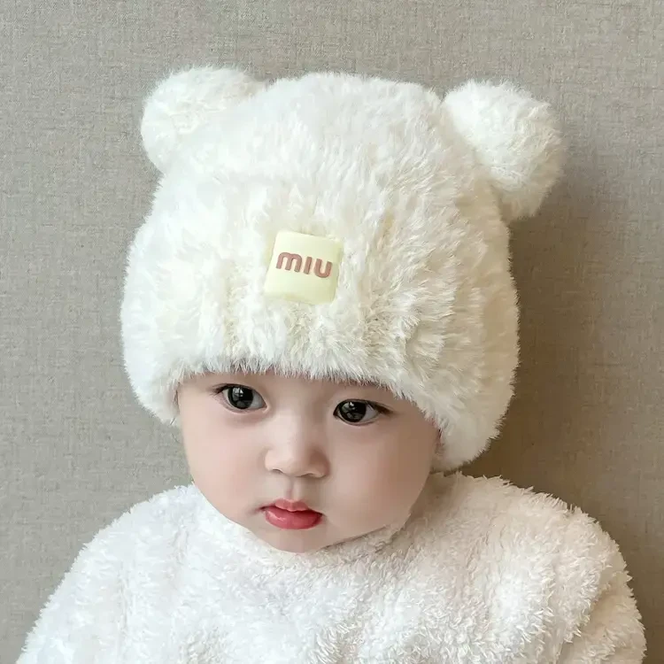 男女宝宝帽子冬季可爱小月龄毛绒帽冬天保暖秋冬加厚针织护耳帽