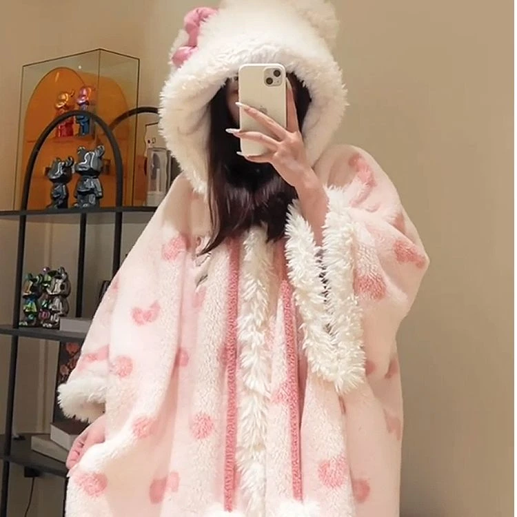 可爱睡袍凯蒂猫连帽斗篷披肩珊瑚绒睡袍浴袍保暖秋冬季新款家居服