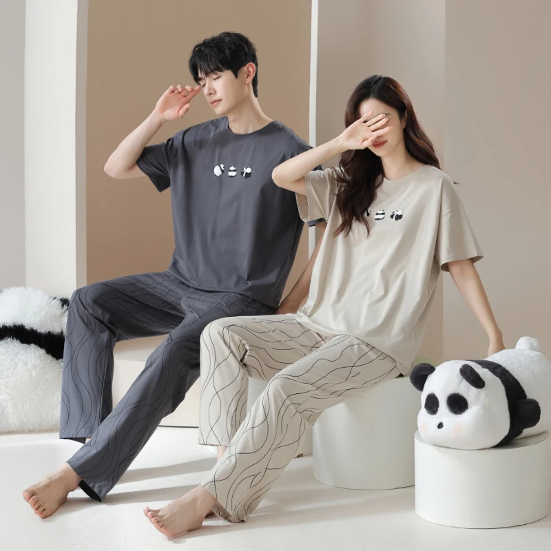 【情侣款】夏季情侣睡衣熊猫短袖长裤新疆棉家居套装