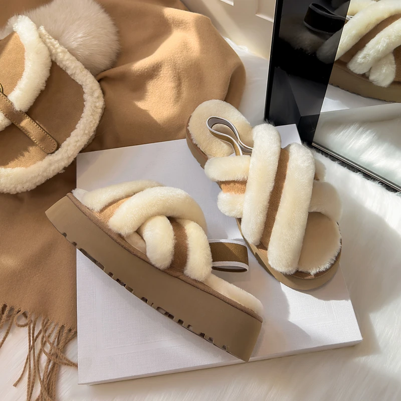 桑坡村毛毛拖鞋2024秋冬外穿厚底加绒交叉真毛拖鞋