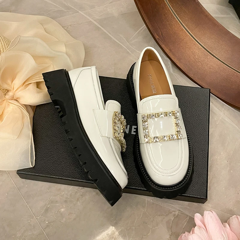 水钻方扣厚底乐福鞋2024年夏季新款真皮英伦风小皮鞋单鞋