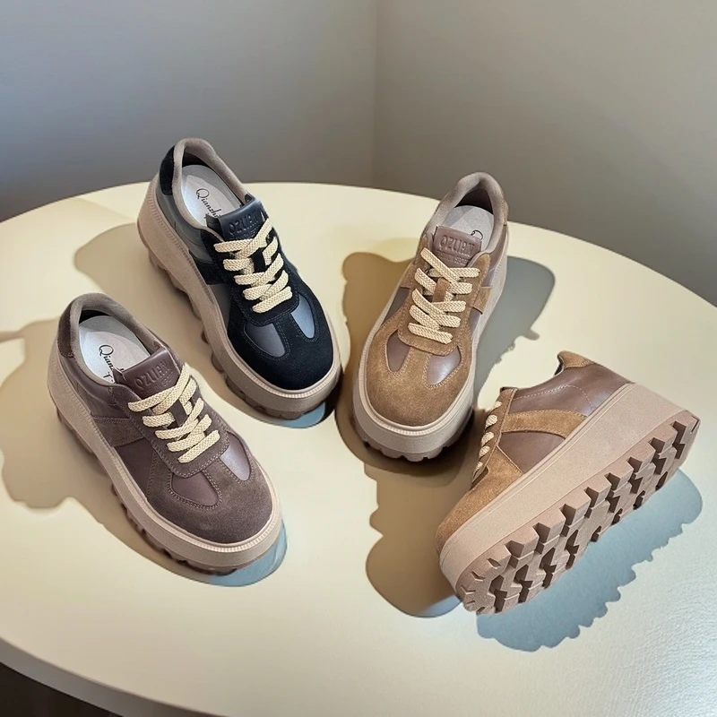 万达撤柜头层牛皮现货增高7CM2025秋冬新款休闲时尚百搭高级感厚.