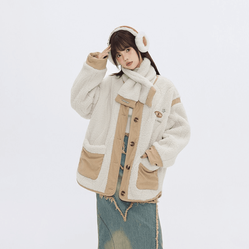 FPMZ灯芯绒拼接绗缝航线星星外套棉服羊羔绒毛送围巾播