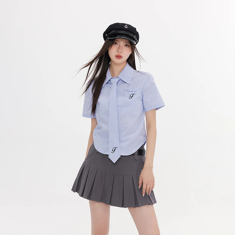 FPMZ潮牌条纹衬衫短袖女学院风休闲衬衣T恤显瘦ins上衣赠刺绣领带