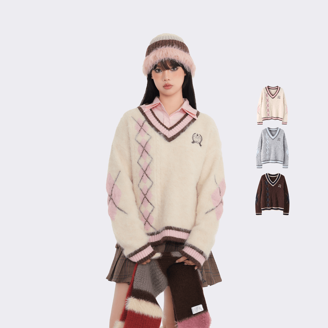 FPMZ复古美式菱格学院风刺绣徽章V领拉毛毛衣针织衫长袖套头百搭
