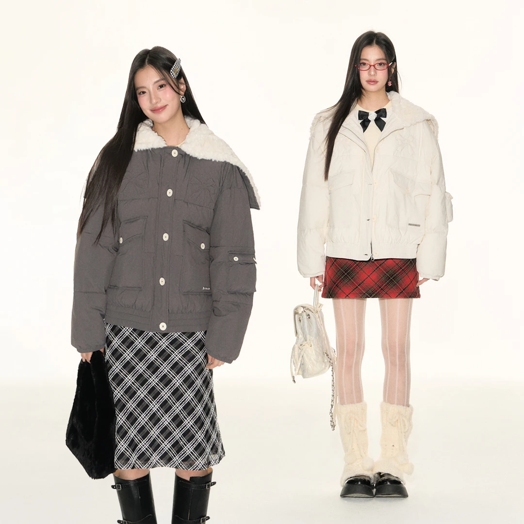 FPMZ-0520-蝴蝶结刺绣大翻领毛毛连帽棉服