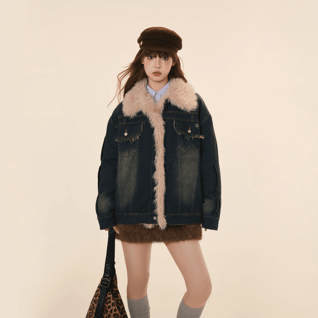 FPMZ毛毛领绗棉牛仔外套拼接小众设计星星标水洗做旧复古棉服