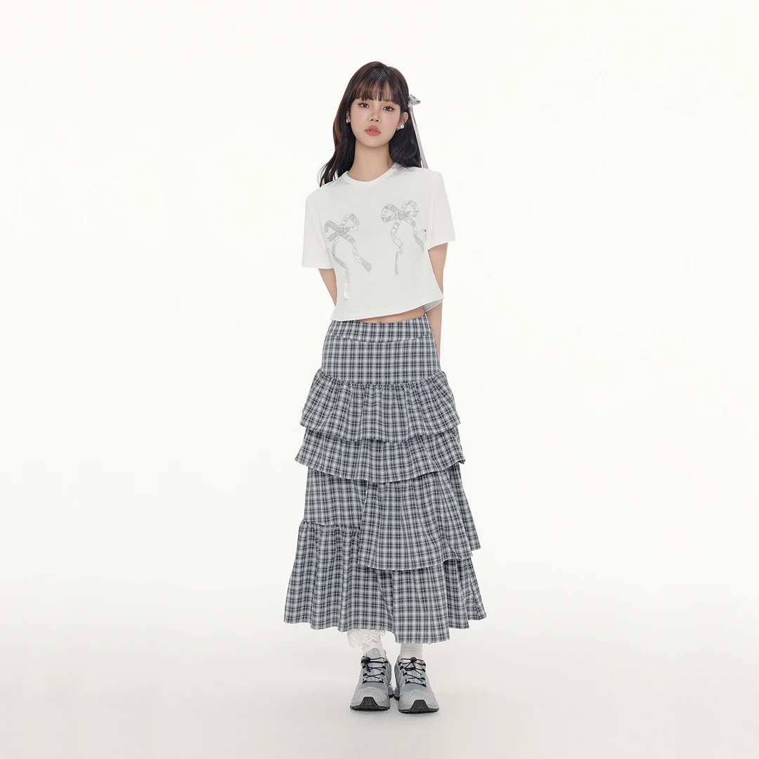 FPMZ高级复古灰蓝色格子蓬蓬蛋糕半身裙显瘦显高长裙小众设计女