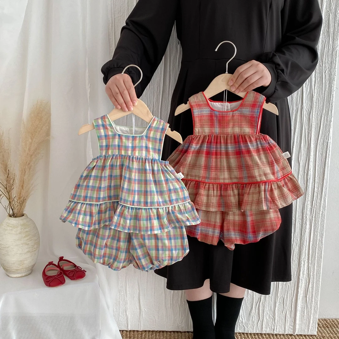 夏季薄款女童背心套装娃娃衣韩版格子无袖上衣花苞短裤两件套套装
