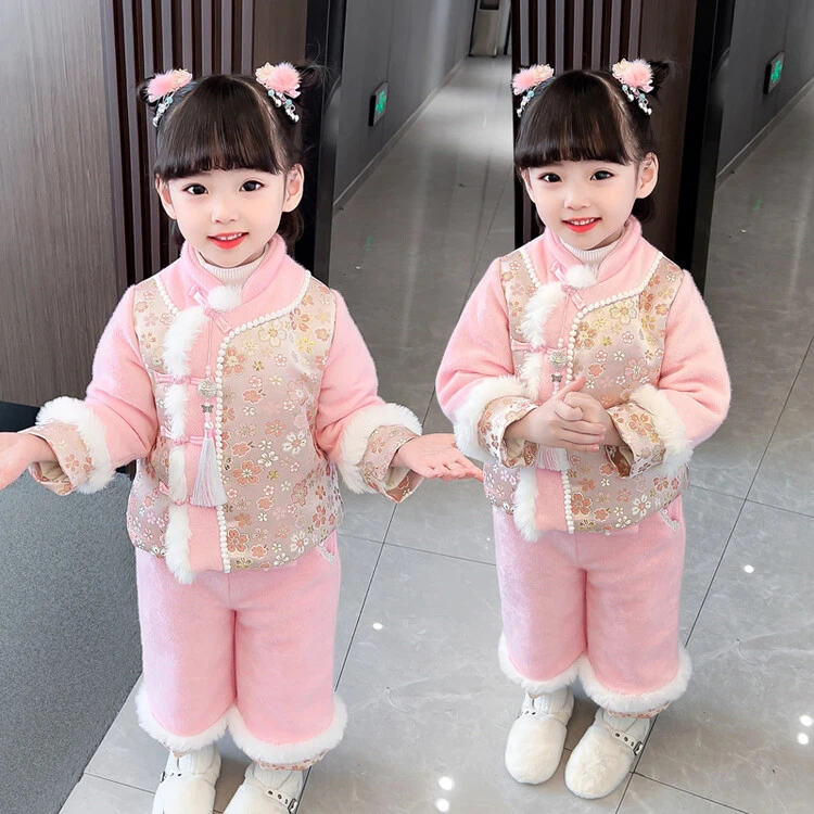 女童拜年服套装中国风加绒加厚女宝宝旗袍唐装儿童汉服过年服冬装