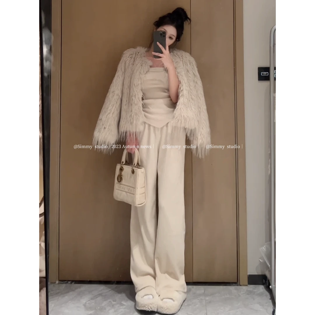 【SIMMY】慵懒千金风穿搭 韩系针织糯糯裤+裹胸上衣套装+毛毛外套