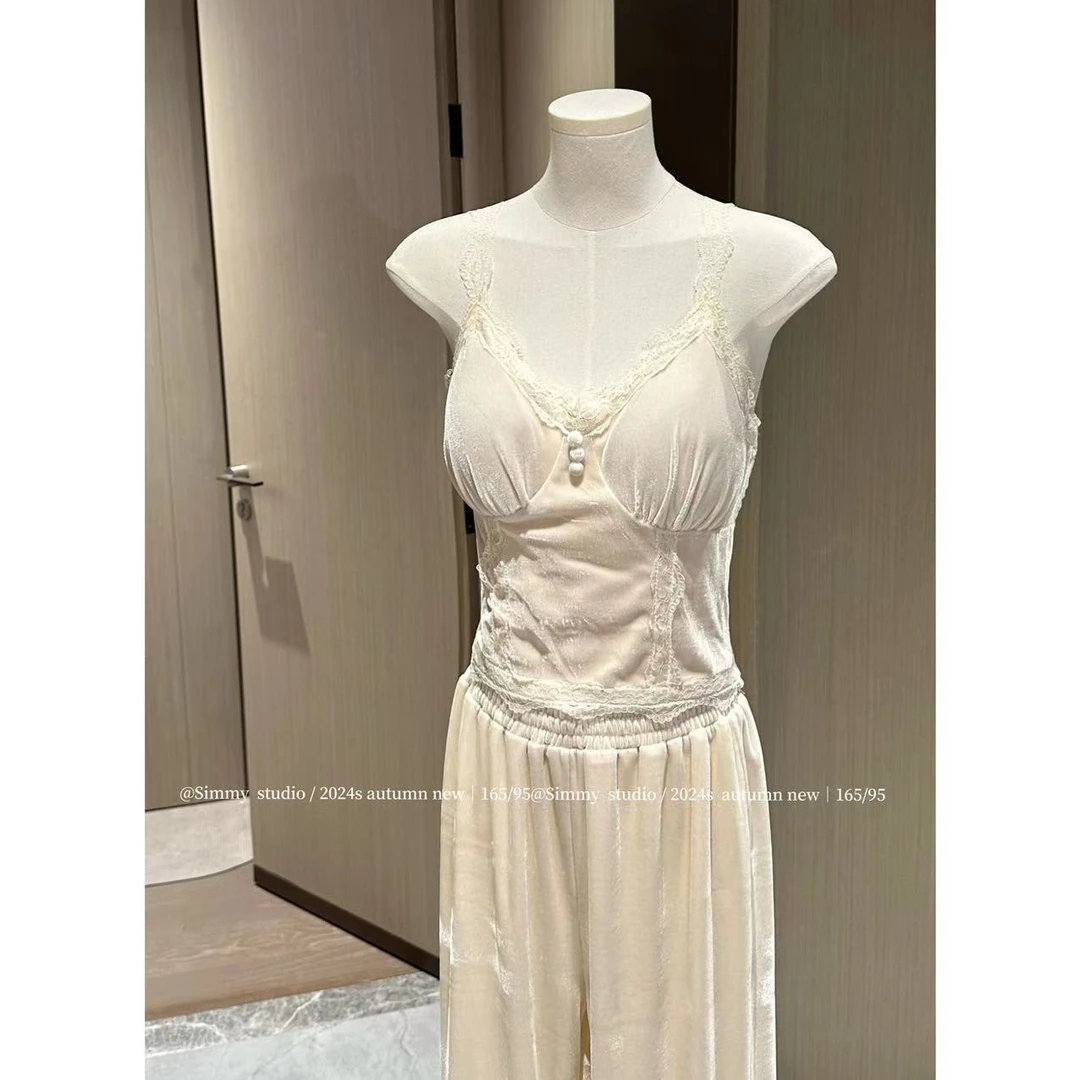 【熙米simmy】法式美学 复古别致蕾丝显瘦气质丝绒吊带上衣