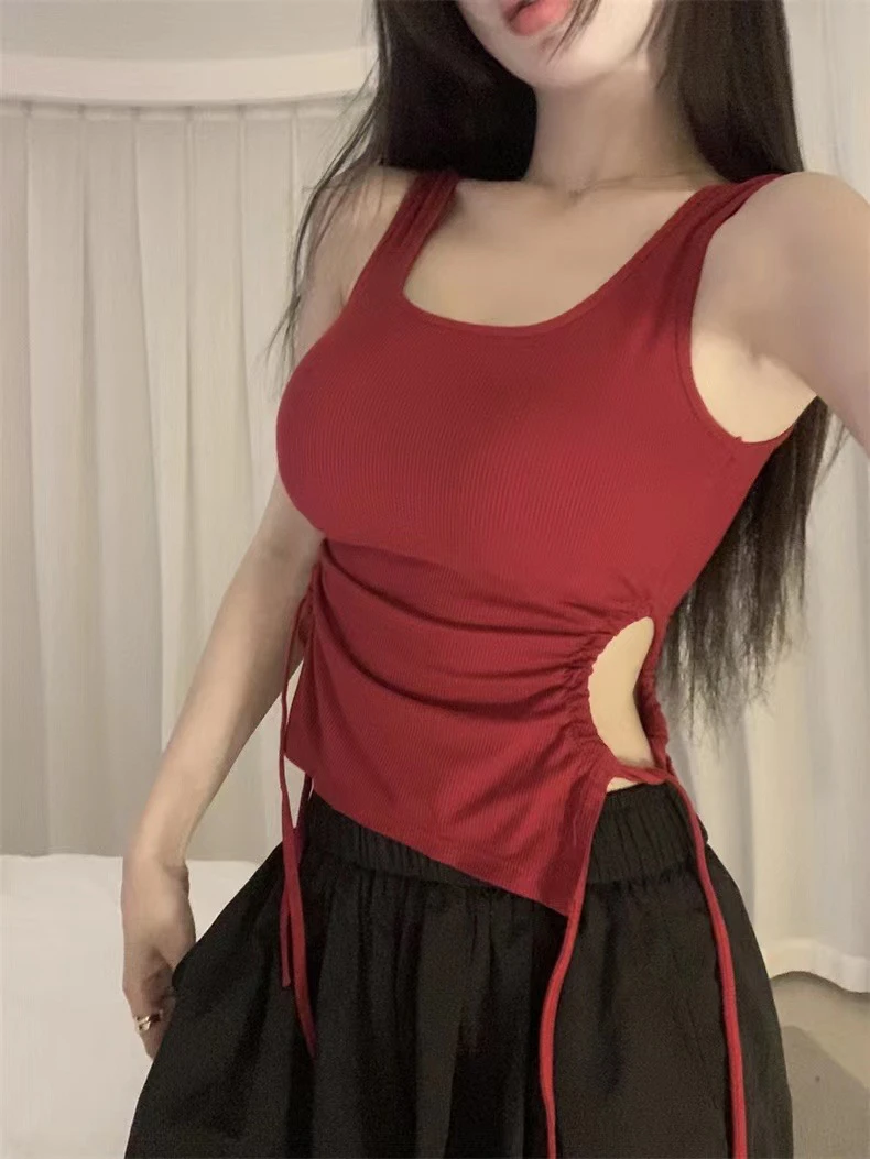 性感辣妹红色背心小吊带女夏季褶皱镂空绑带外穿带胸垫