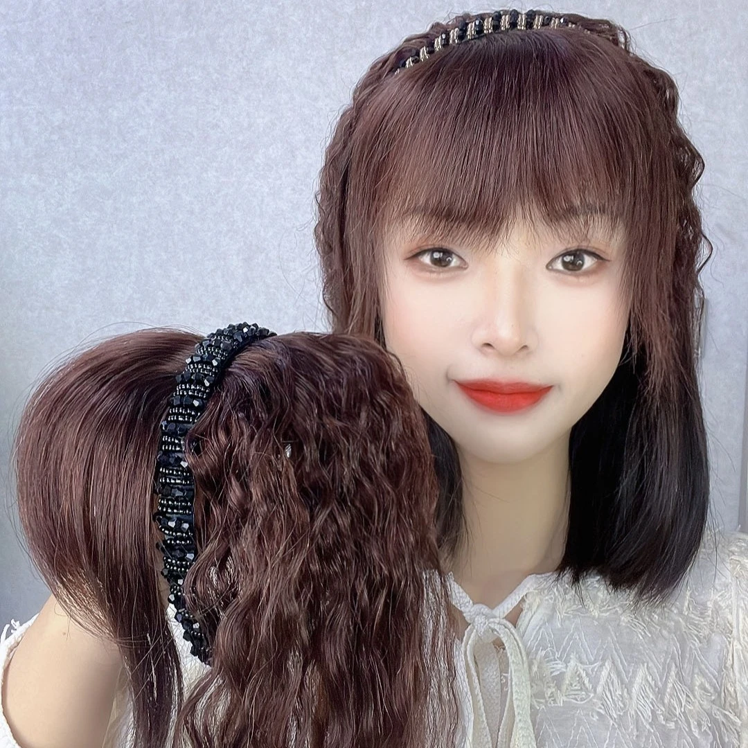 【黑钻卷发直刘海】发箍假发全真发遮白发增发量补发片女士假发推荐