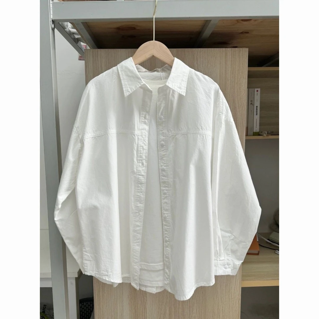 多巴胺纯棉纯白色翻领衬衫女新款小众设计百搭显宽松长袖衬衣外穿