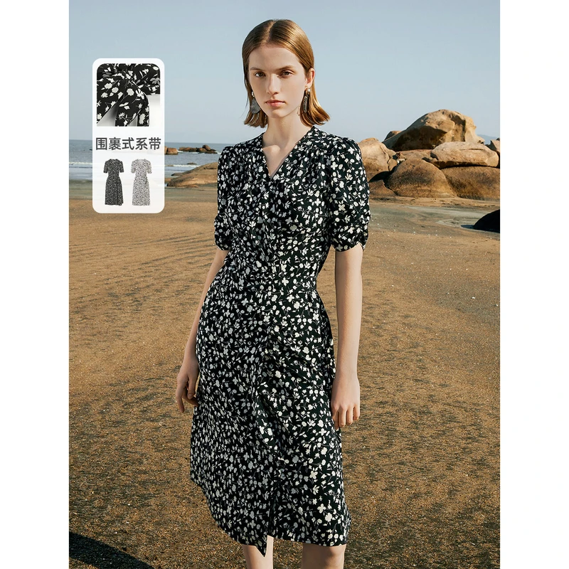 朗姿法式高级感收腰系带碎花裙2024年夏新款女装连衣裙气质时尚