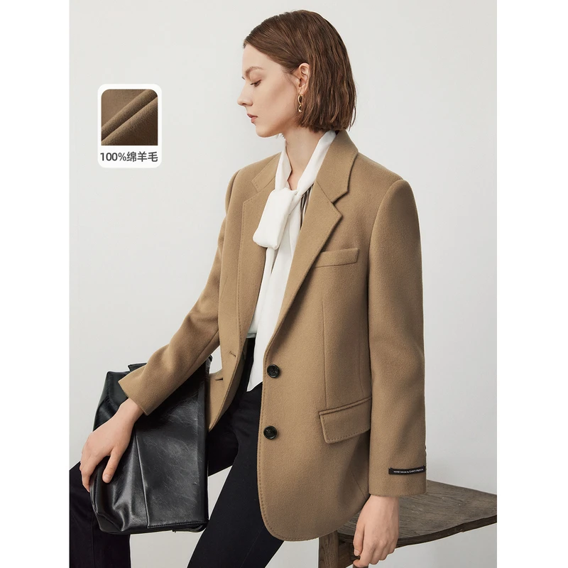 朗姿纯羊毛复古气质通勤西装毛呢外套2024年新款冬季正肩西服上衣