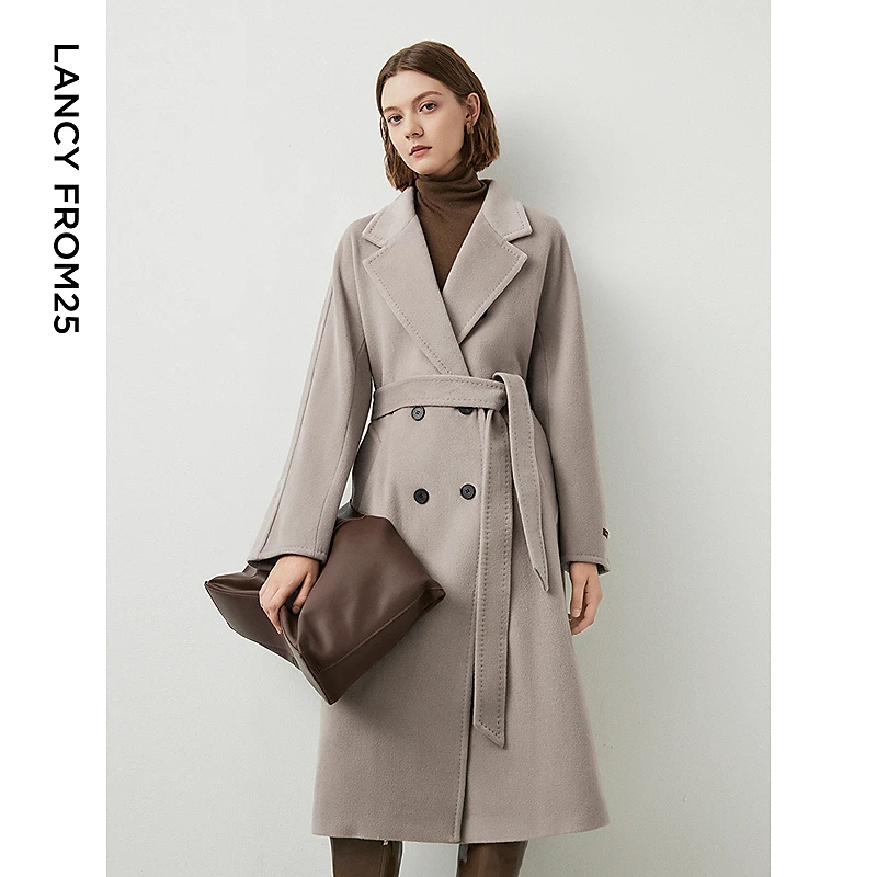 朗姿纯羊毛法式高级感气质收腰中长款宽松毛呢外套大衣女呢子大衣