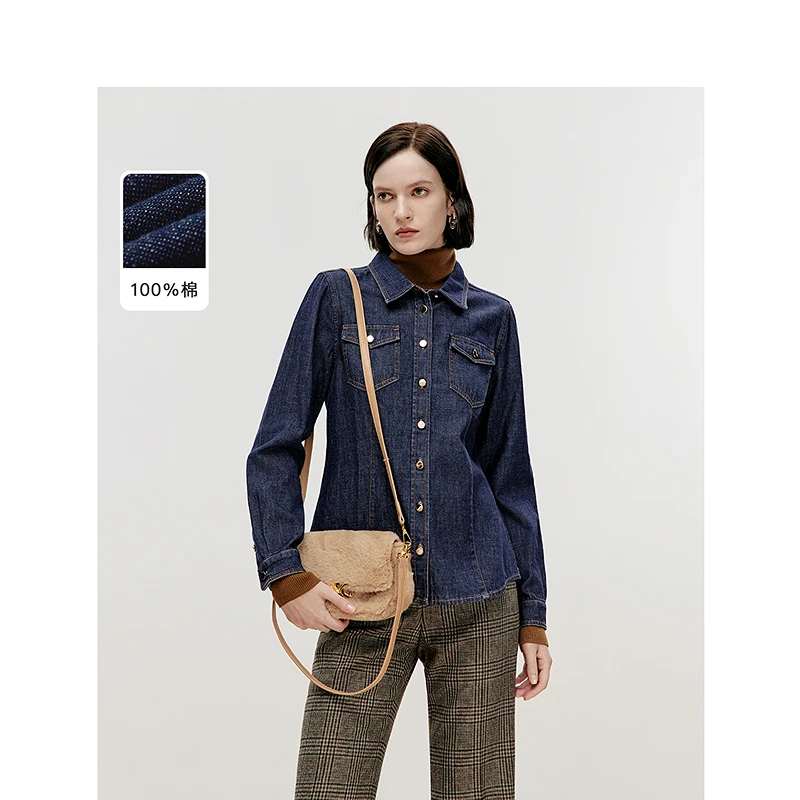 朗姿欧洲EiLEEN ELITEE纯棉复古衬衣外套女2024冬季新款牛仔衬衫