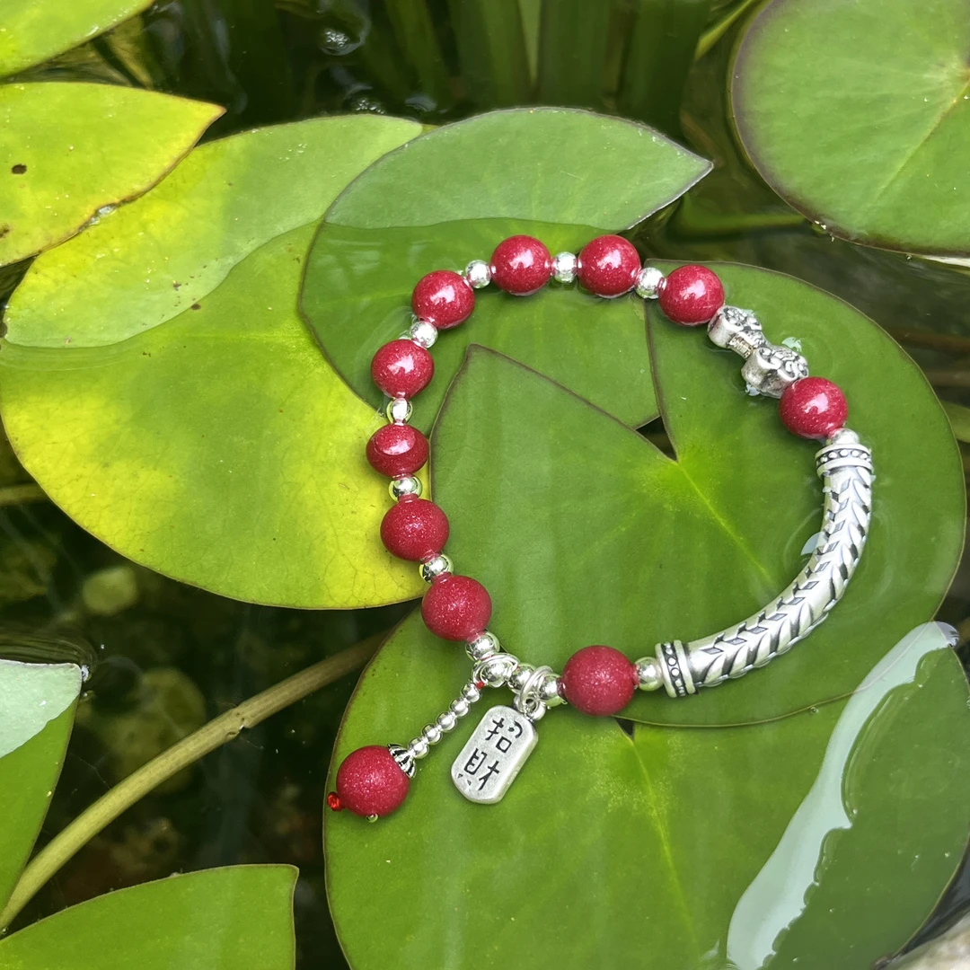 含辰砂工艺品《穗穗如意》999足银大麦半镯穗穗平安紫金砂弹力手链