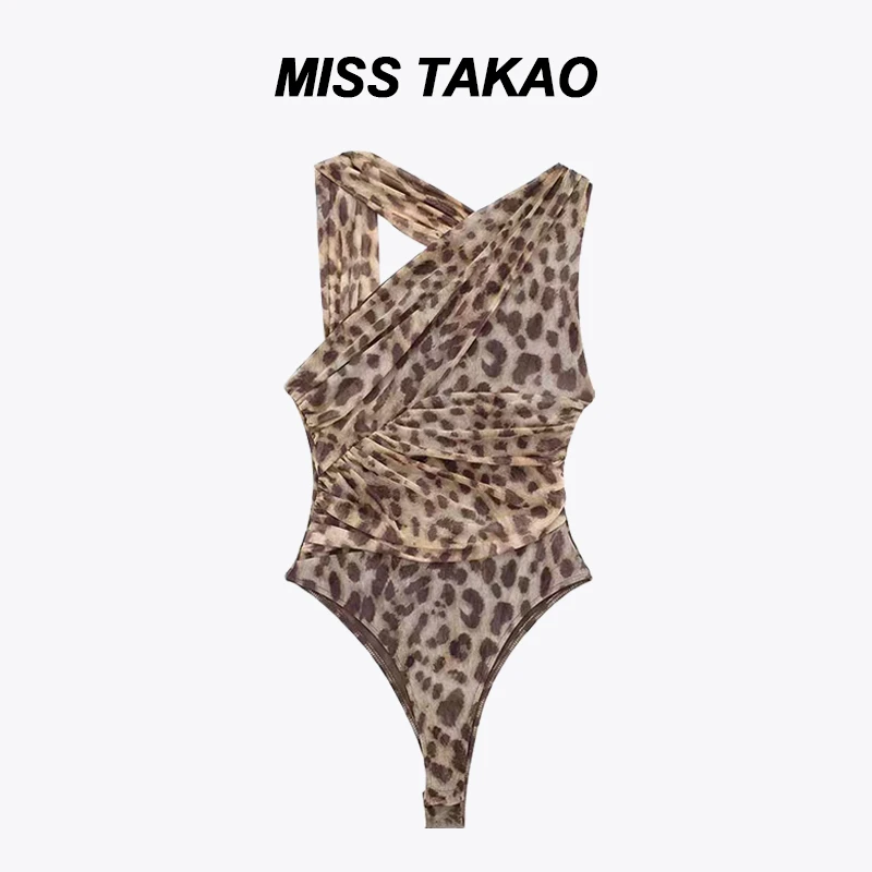 MISS TAKAO 欧美风性感斜肩镂空连体衣露肩褶皱收腰吊带背心上衣